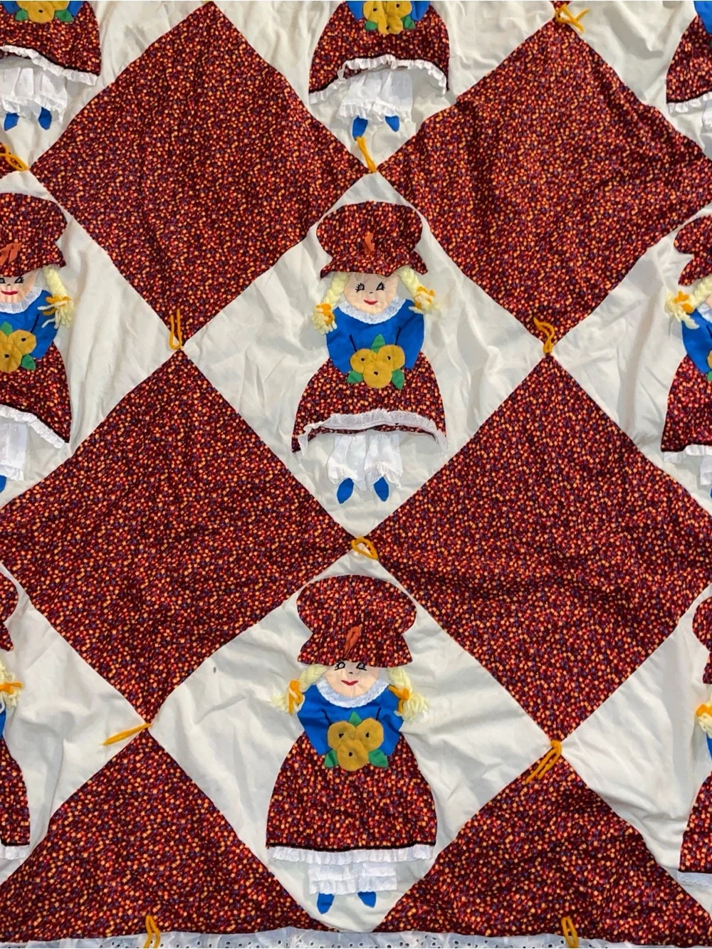 Handmade Red and Cream Patchwork Doll Quilt - Charming Cottage Style